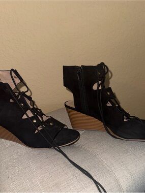 Charming Charlie Black Lace-Up Peep Toe Wedge Sandals